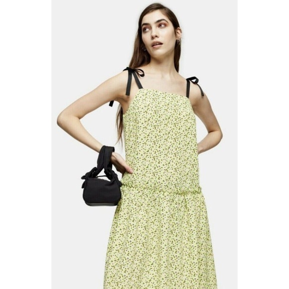 New TOPSHOP Floral Print Drop Waist Midi Dress in Lime - Picture 3 of 9
